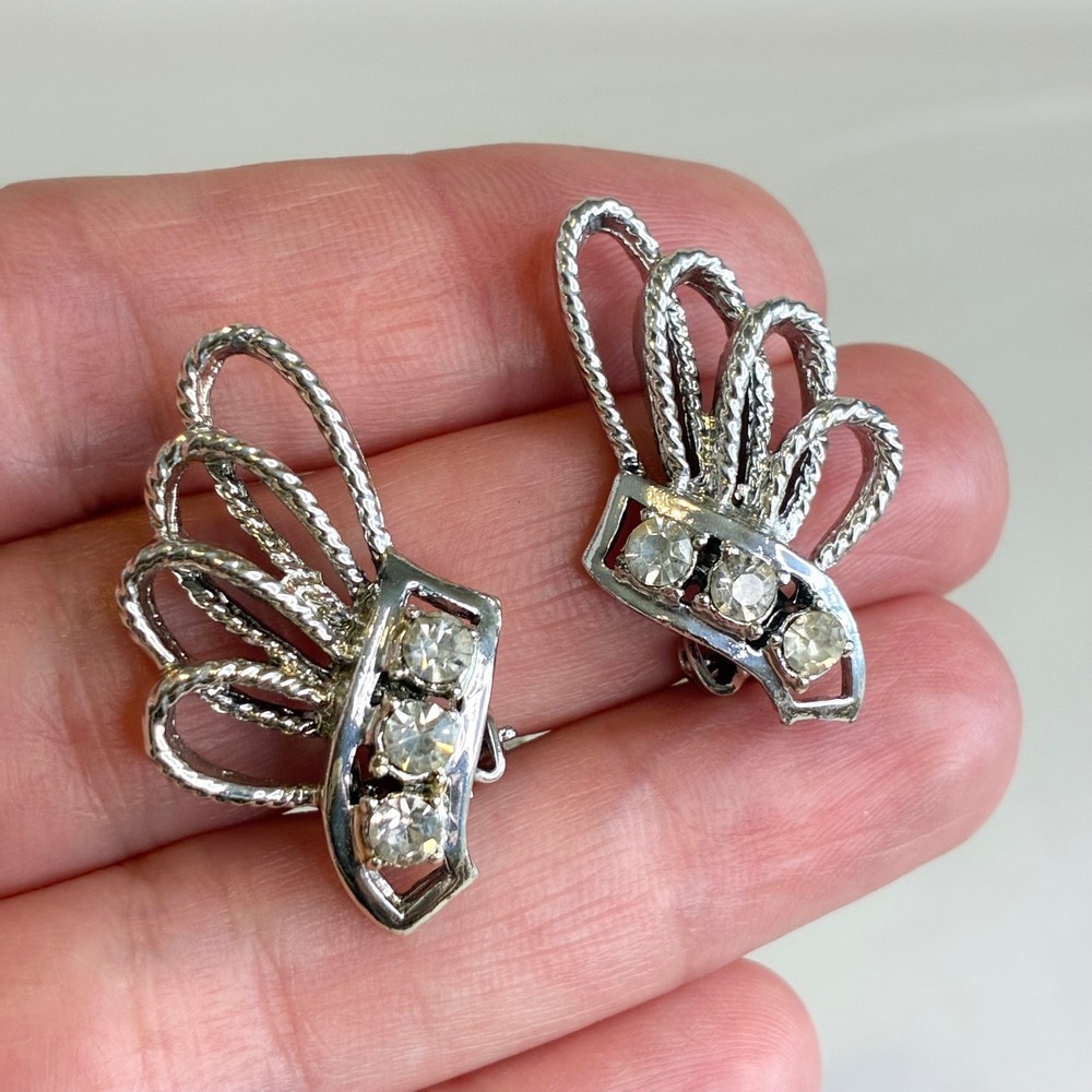 Vintage Clip On Earrings Silver Tone Rhinestone Crown Fan Wing Retro Jewelry
